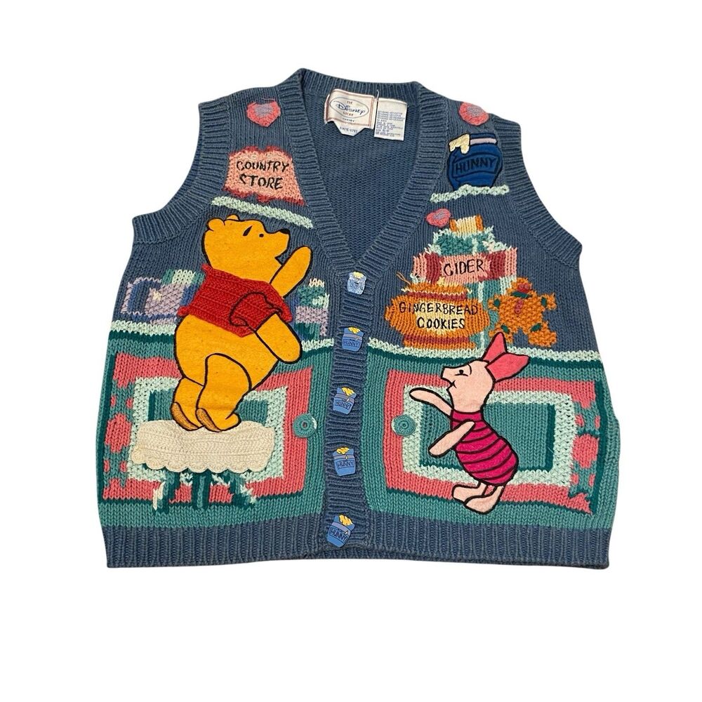 Vintage Winnie The Pooh Vest Disney Store Hand Knit Women’s S Y2K Piglet *FLAW*